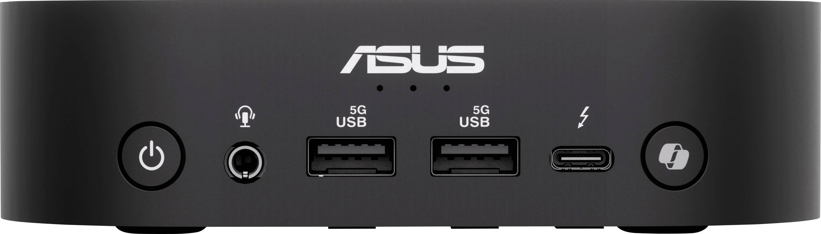 Malá černá krabička s logem 'ASUS', USB porty a konektorem pro sluchátka na přední straně, slouží jako rozbočovač pro počítač.