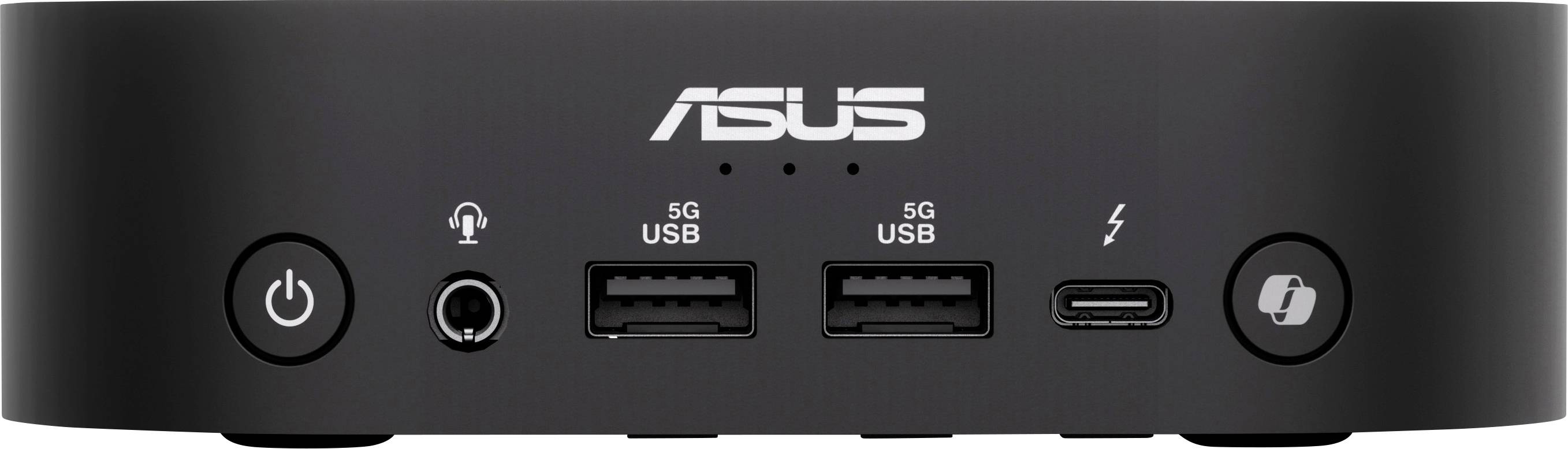 Malý černý mini počítač ASUS s několika porty: dva USB, konektor pro sluchátka, jeden port C a vypínač.