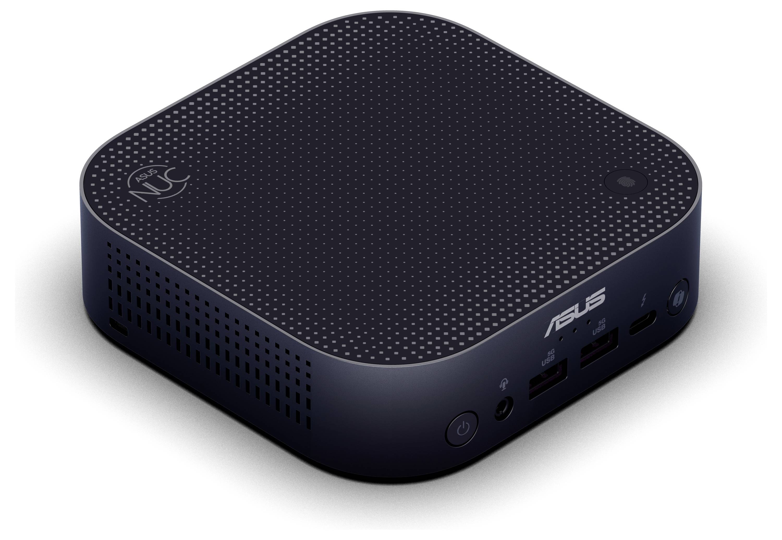 Malý černý počítač ASUS s mini formátem, zaoblenými rohy a několika přípojkami na přední straně. Vhodný pro kompaktní počítačová řešení.