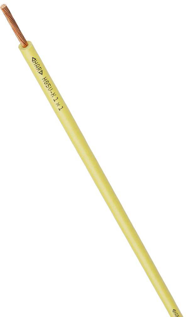 Žlutý kabel s odizolovným měděným koncem vodiče, označený nápisem 'CHiPi H05V-K 1x1' podél izolace, vhodný pro elektrické instalace.