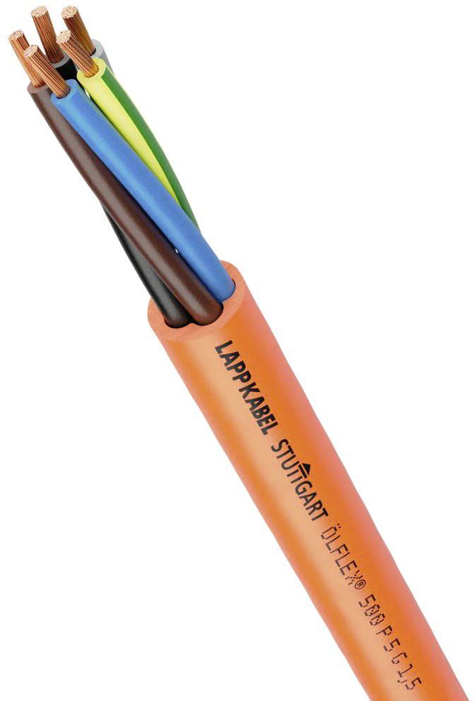 Oranžový elektrický kabel s pěti vodiči v různých barvách, označený štítkem "Lapp Kabel Stuttgart".