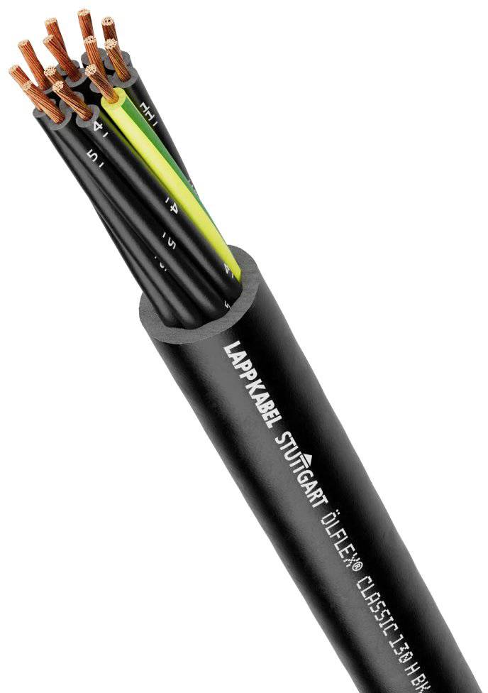 Černý elektrický kabel s několika měděnými vodiči, včetně žlutého ochranného vodiče. Nápis 'Lapp Kabel ÖLFLEX® Classic 110'.
