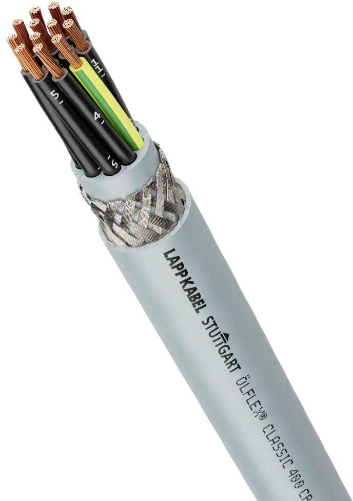 Šedý robustní kabel s několika barevnými měděnými vodiči, označený nápisem 'LAPPKABEL STUTTGART', vhodný pro technické aplikace.