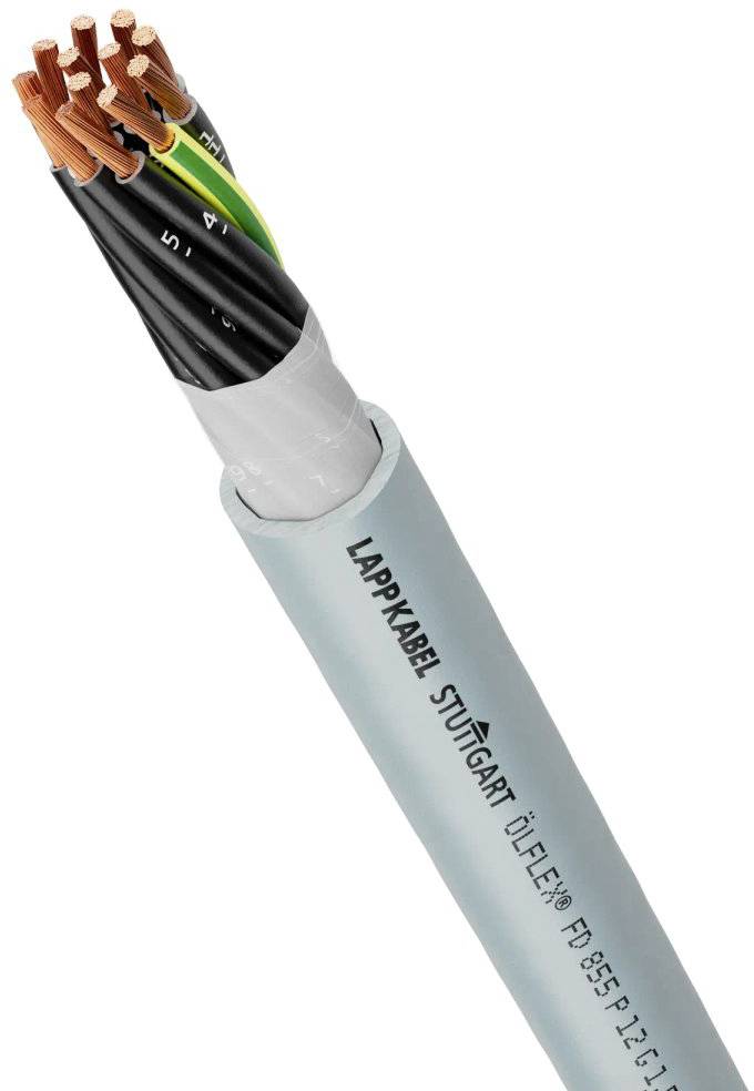 Šedý elektrický kabel s nápisem 'LAPPKABEL STUTTGART' s viditelnými barevnými měděnými vodiči je zobrazen.