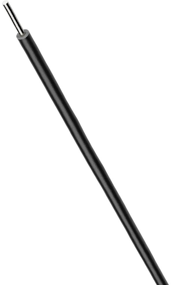 Černý kabel s odhaleným kovovým vodičem na jednom konci, umístěný diagonálně v obraze.
