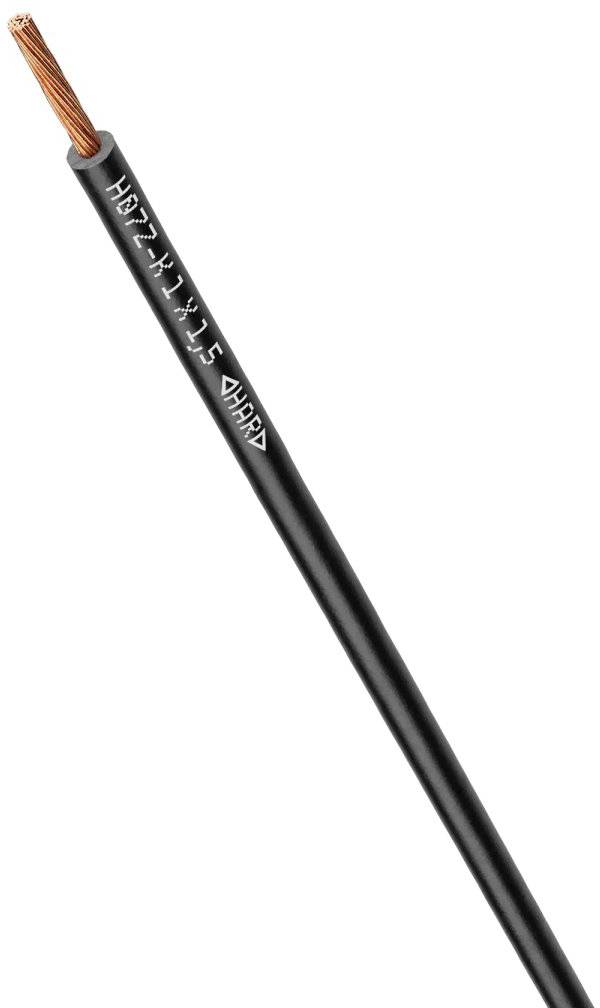 Černý odizolovaný kabel s měděnými vodiči, nápis na izolaci: 'H07Z-K 1x1.5 CHPED'. Vhodný pro elektroinstalace.