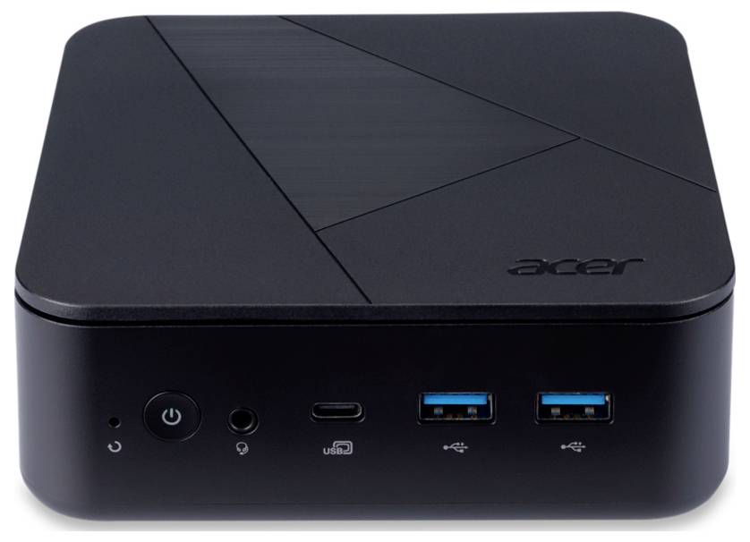 Černý mini počítač s logem značky, dvěma porty USB 3.0 a jedním portem USB-C na přední straně a síťovým vypínačem.