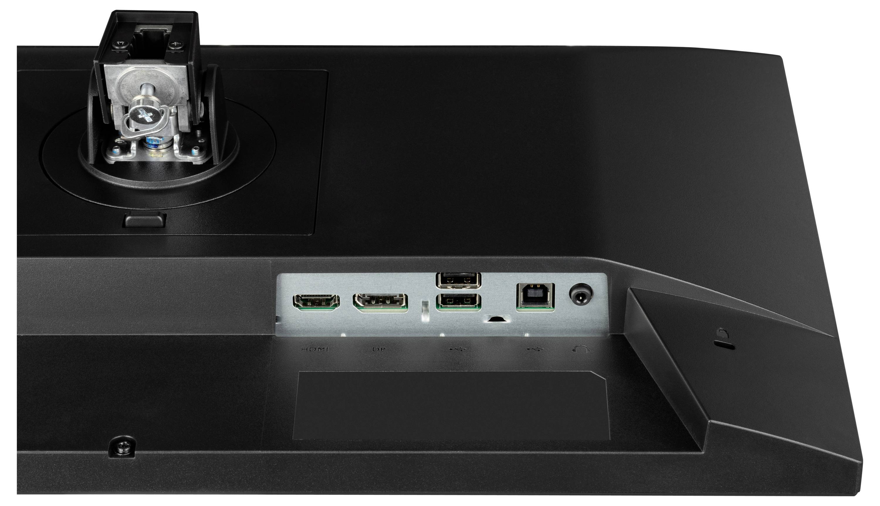 Zadní strana monitoru s konektory: HDMI, DisplayPort, USB a audio konektor.