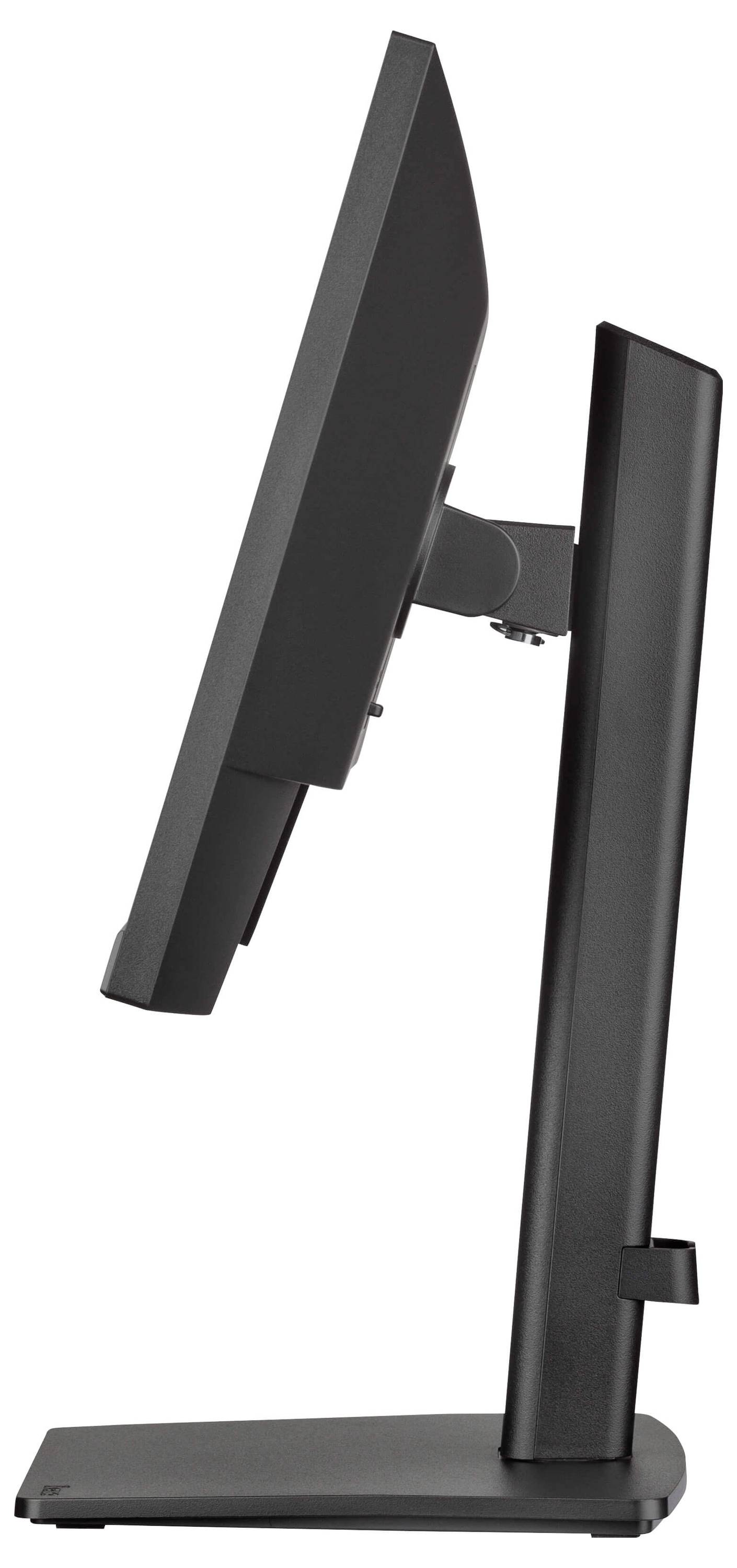 Počítačový monitor z pohledu z boku ukazuje štíhlý a minimalistický design. Monitor je umístěn na obdélníkovém stojanu.