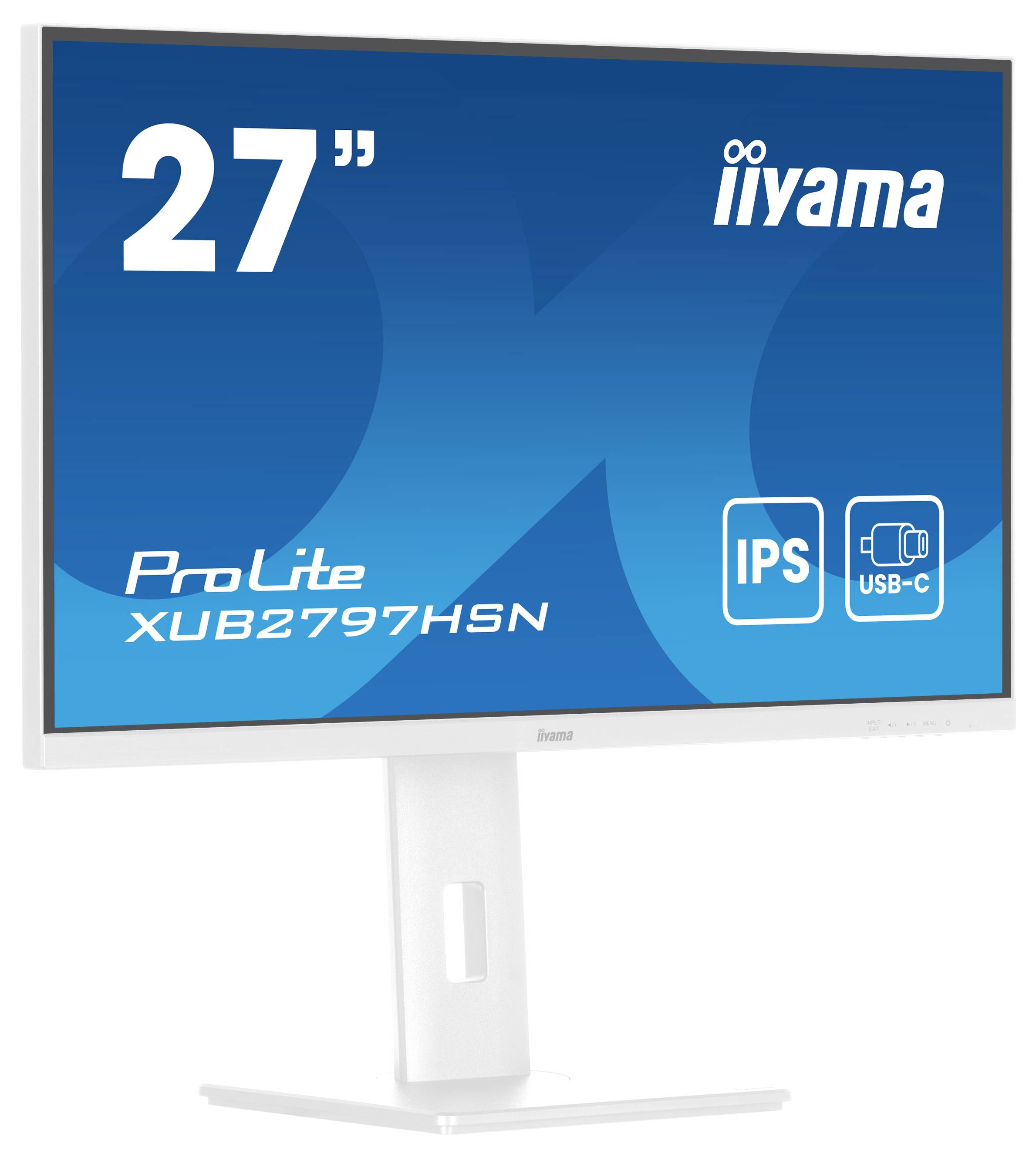 27palcový monitor iiyama s bílým rámečkem, model 'ProLite XUB2797HSN', nabízí technologii IPS a USB-C konektivitu.