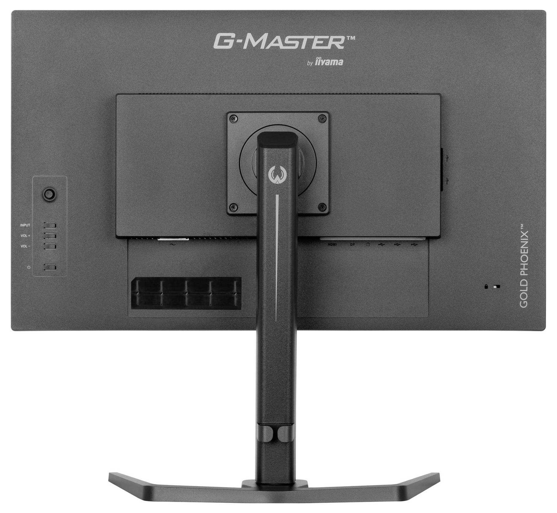 Černý monitor značky G-Master od společnosti iiyama, model Gold Phoenix, pohled zezadu, s viditelnou základnou a připojovacími porty.