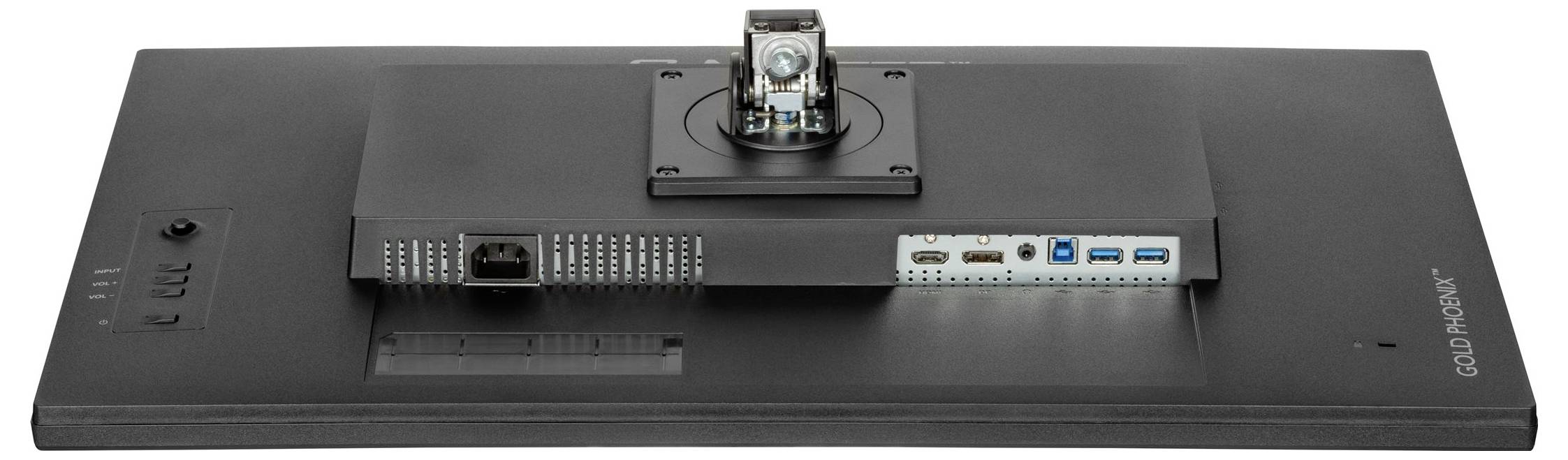 Pohled zezadu na černý monitor s konektory jako HDMI, USB a napájecí zdířkou, s centrální podstavou uprostřed.