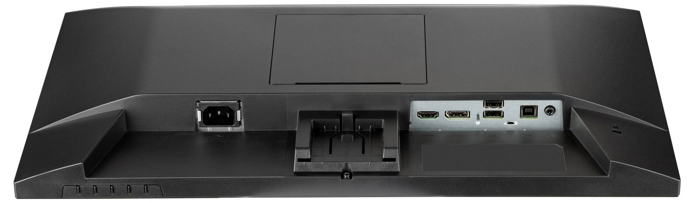 Zadní strana monitoru s různými možnostmi připojení, včetně HDMI, DisplayPort a napájecího konektoru.