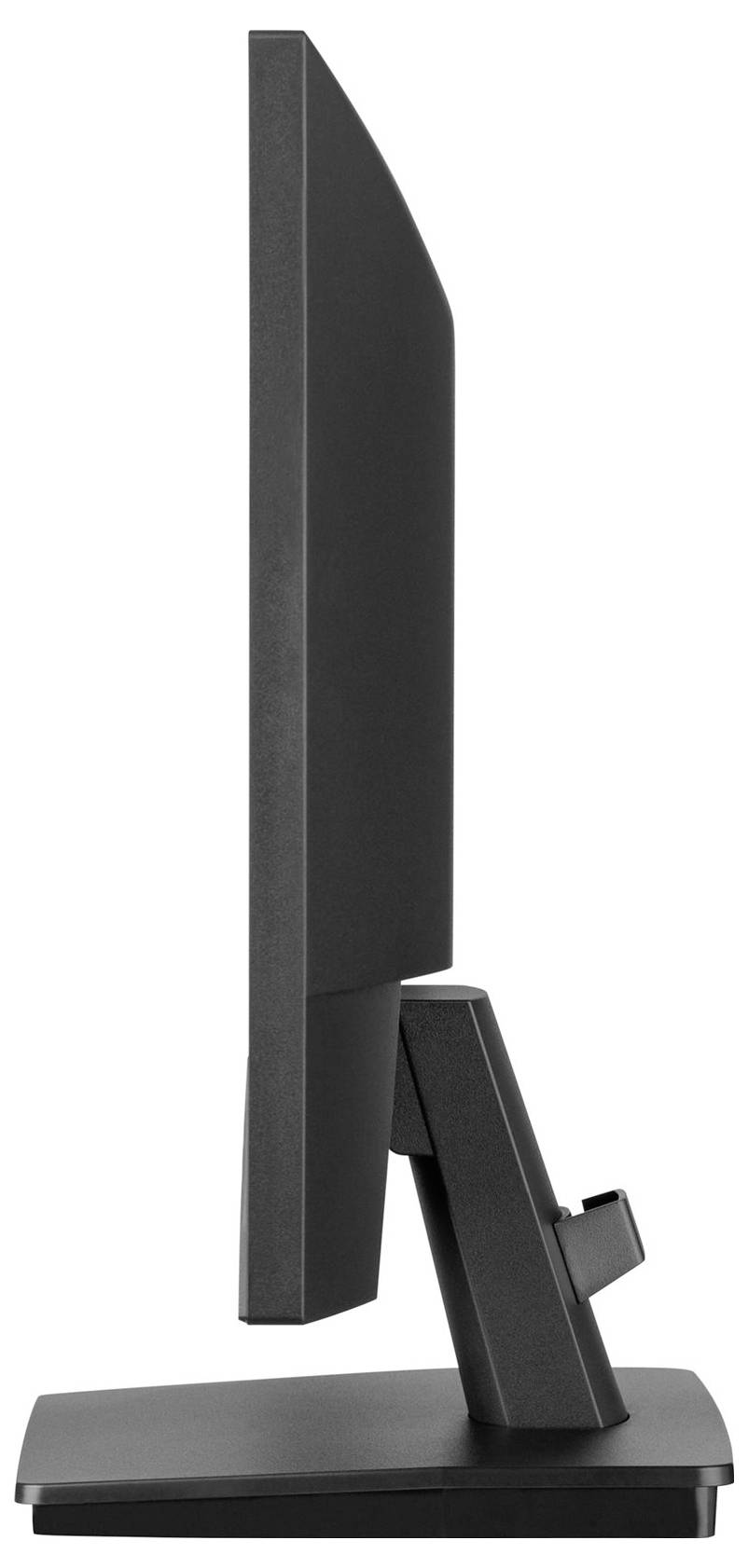 Boční pohled na černý počítačový monitor se stojanem, který vykazuje štíhlý design.