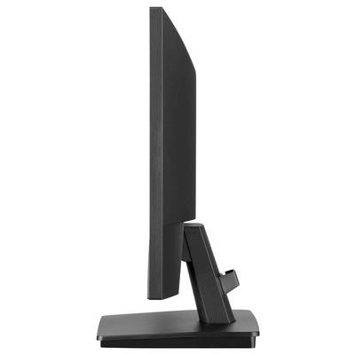 Boční pohled na černý počítačový monitor se stojanem, který vykazuje štíhlý design.