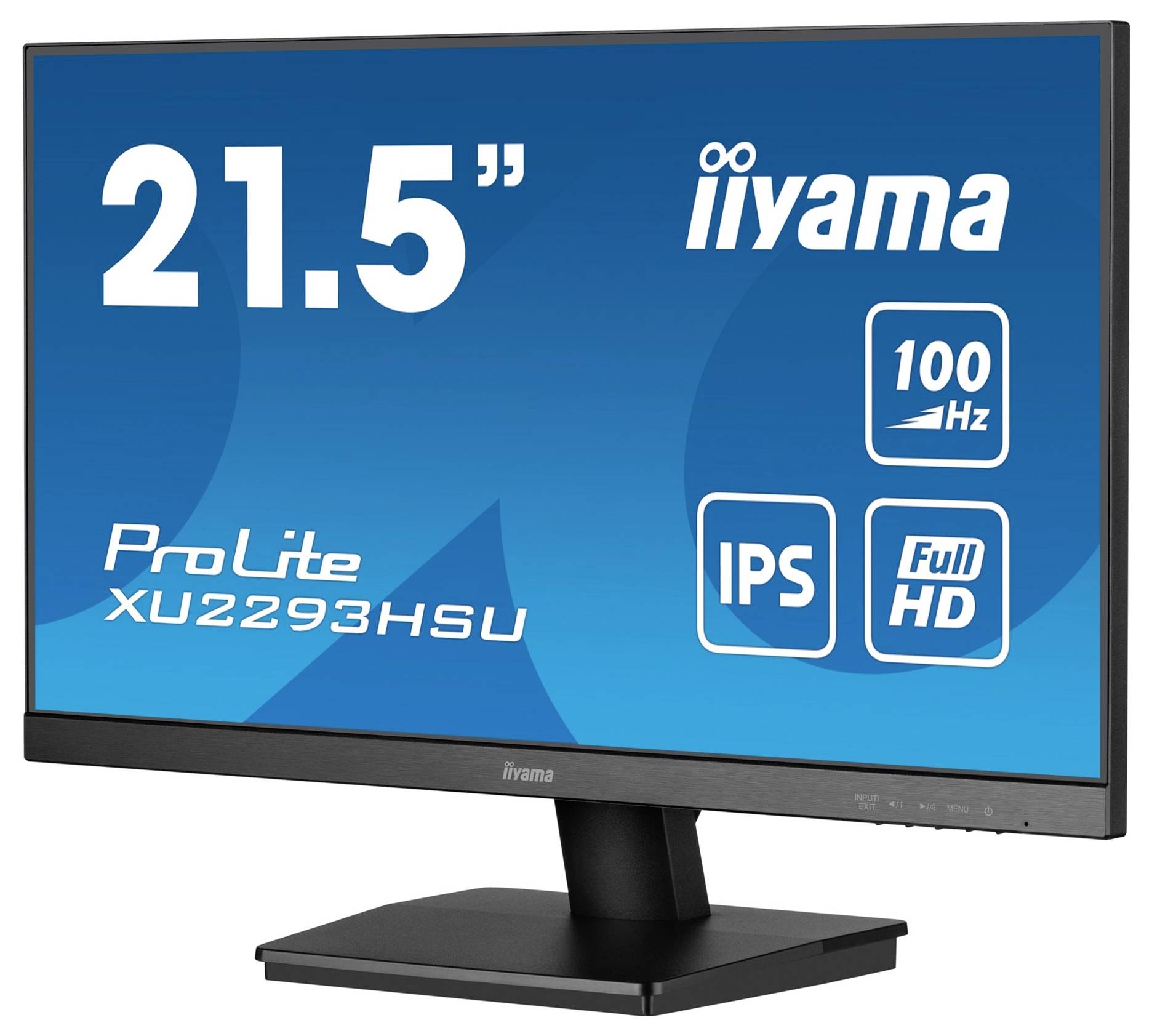 21,5palcový monitor iiyama, model ProLite XU2293HSU, zobrazující 100 Hz, IPS, Full HD vlastnosti na modrém pozadí.