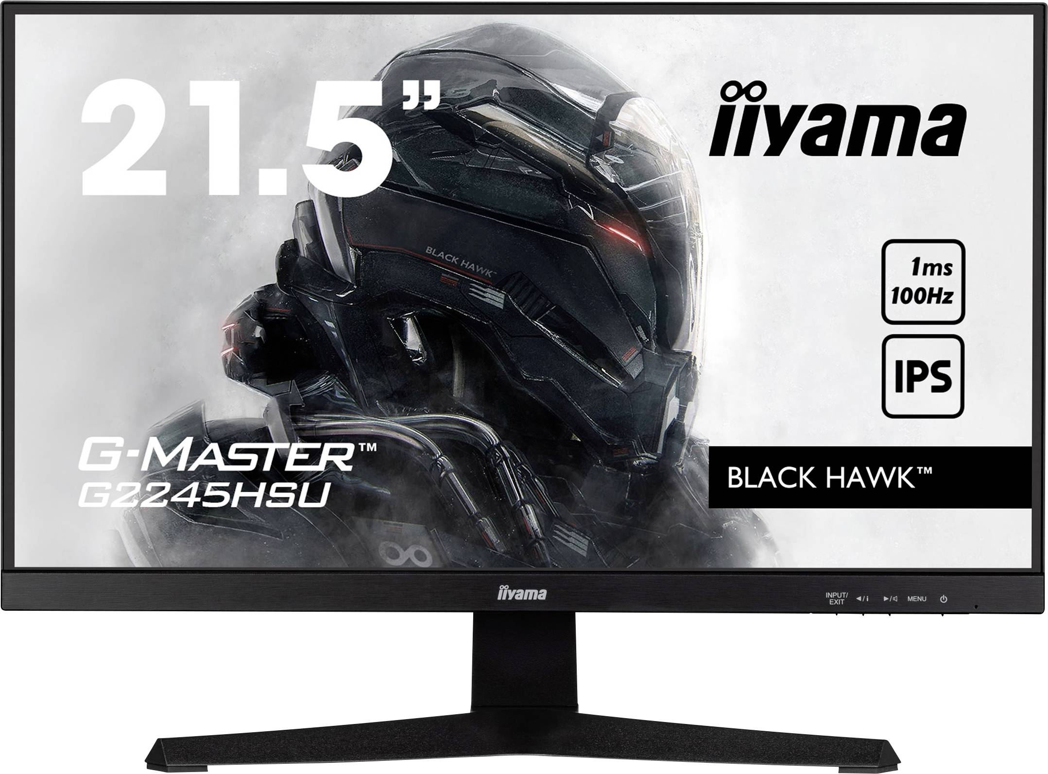 Monitor s 21,5palcovou obrazovkou. Potisk: 'iiyama', 'G-Master G2245HSU', 'Black Hawk', '1ms 100Hz', 'IPS'. Obrázek futuristické helmy.