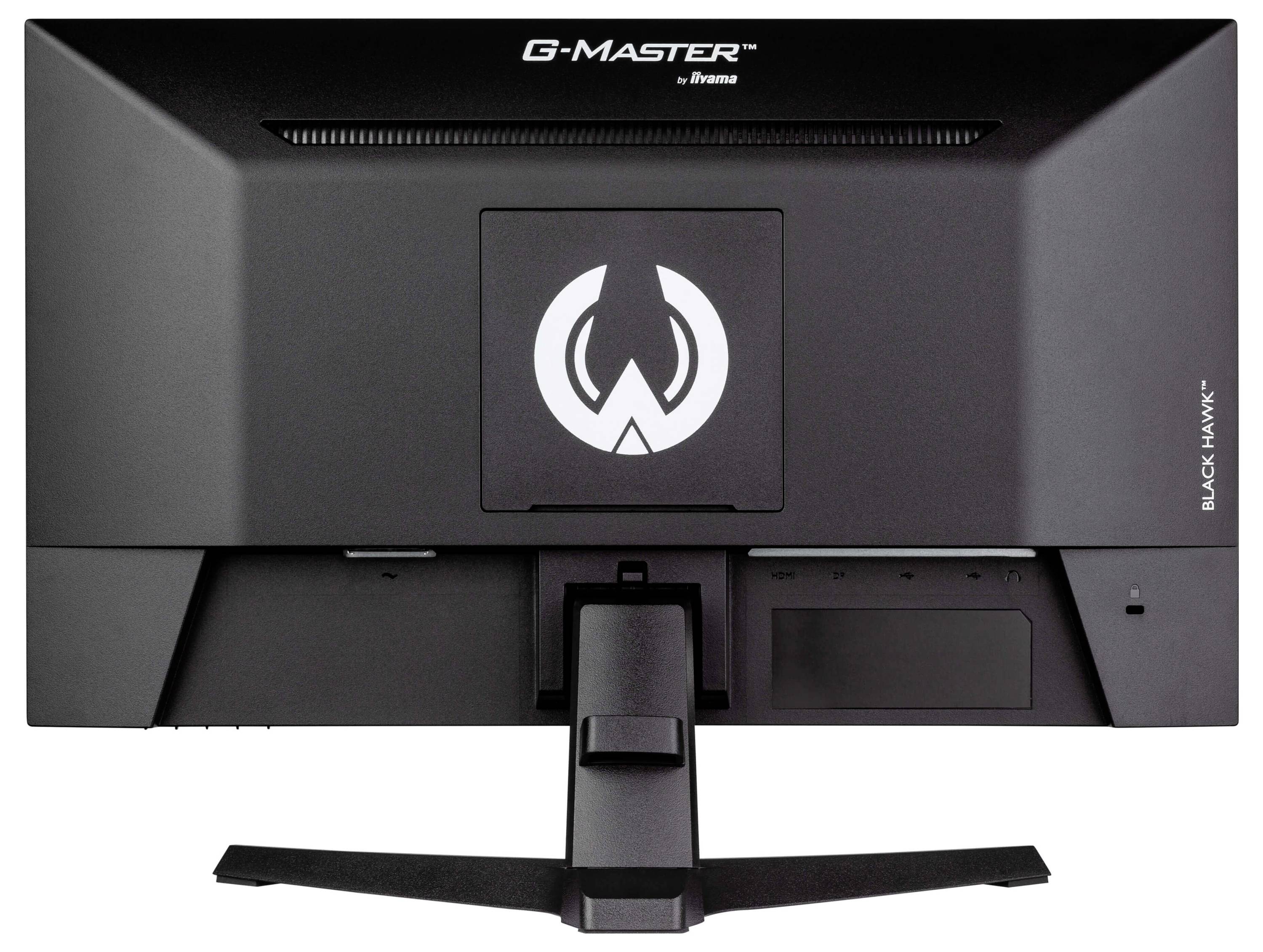Monitor 'G-MASTER' od iiyama, model 'Black Hawk', pohled zezadu. Černý kryt s logem uprostřed.