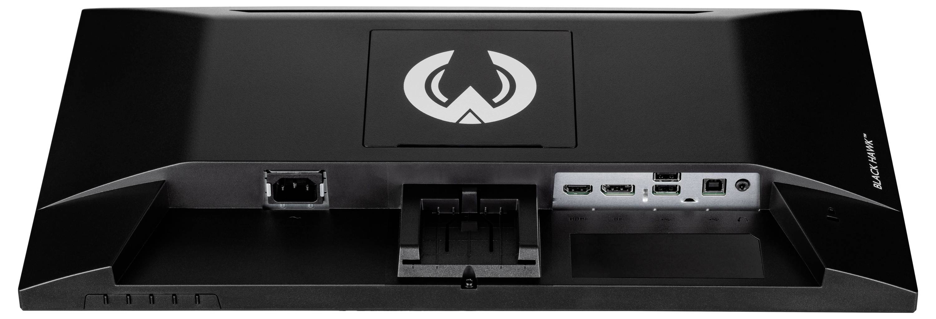 Zadní pohled na herní monitor s konektory jako HDMI a DisplayPort. Velké logo je umístěno uprostřed v horní části.