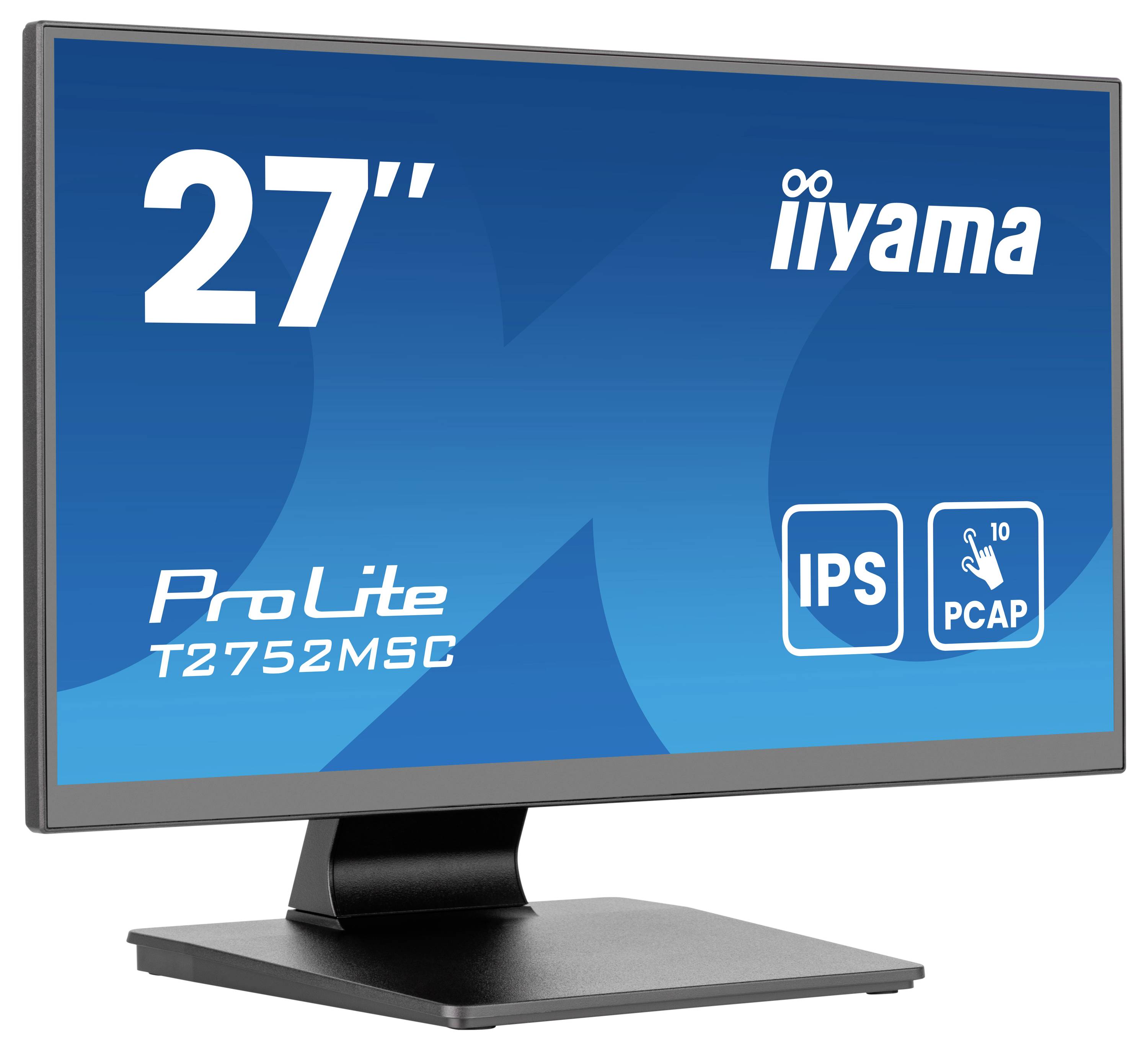 27palcový monitor iiyama s IPS technologií a PCAP, model ProLite T2752MSC, na černém stojanu.