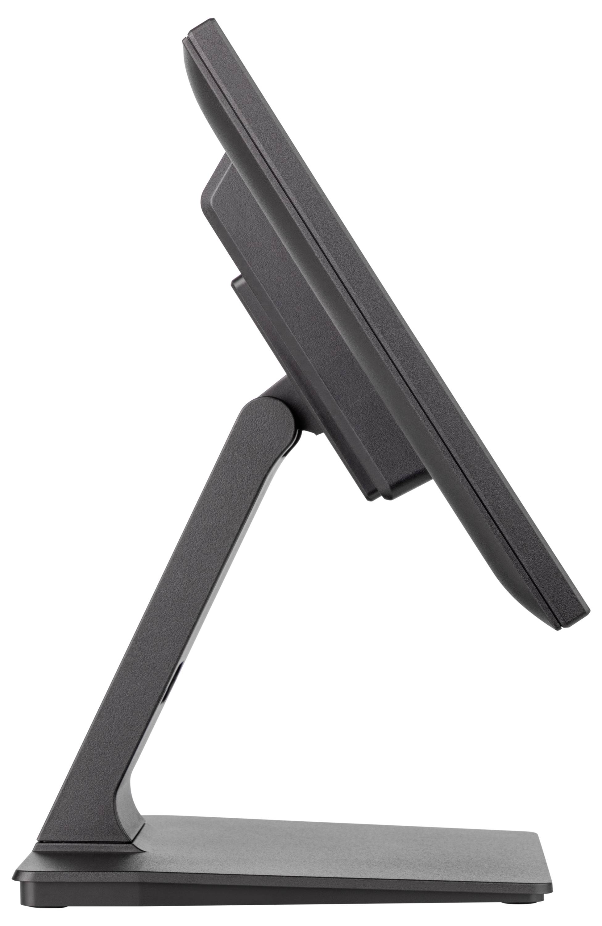 Boční pohled na černý počítačový monitor s otočným stojanem, který je navržen moderně a minimalisticky.