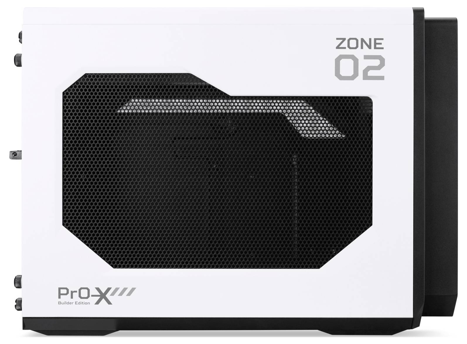 Černá počítačová skříň s bílým krytem a větracími mřížkami. Potisk: 'Pro X Builder Edition' a 'Zone 02' v šedých tónech.