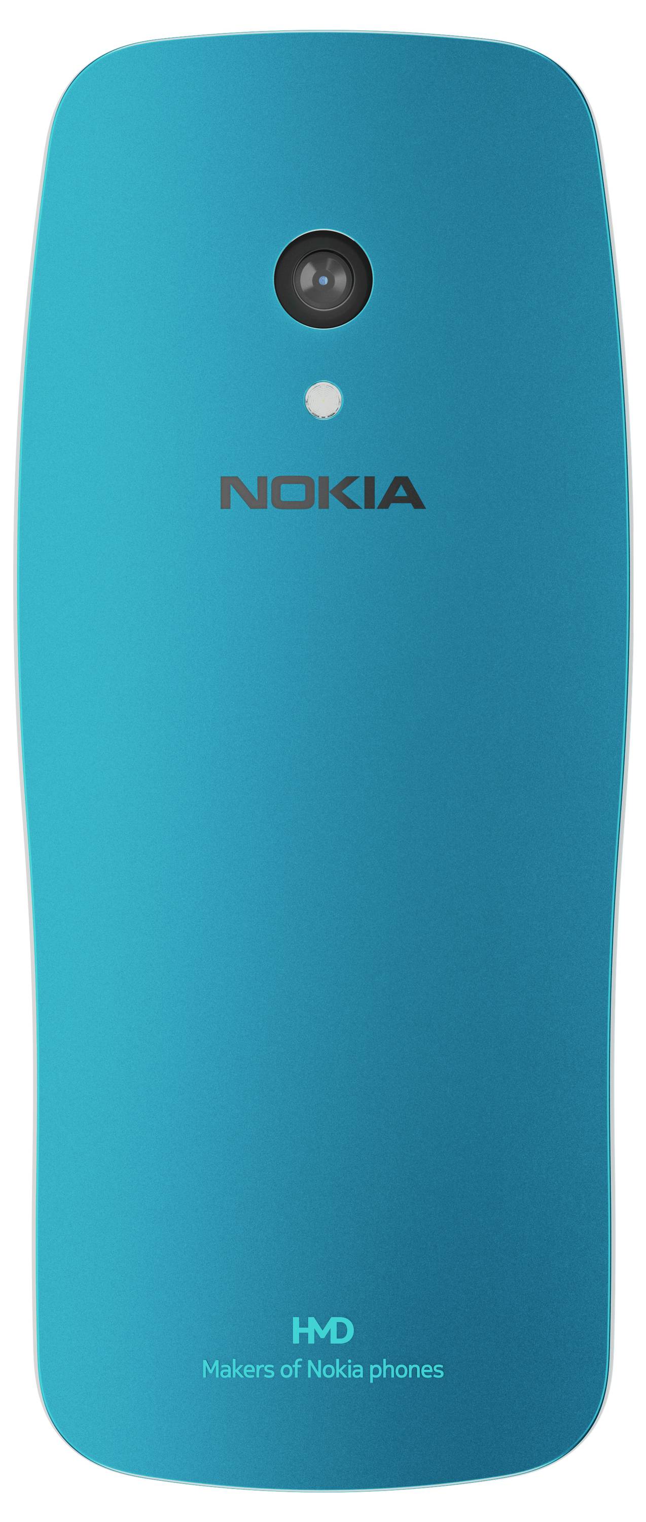 Modré mobilní telefon s nápisem 'Nokia'. Fotoaparát se nachází nahoře na zadní straně zařízení.