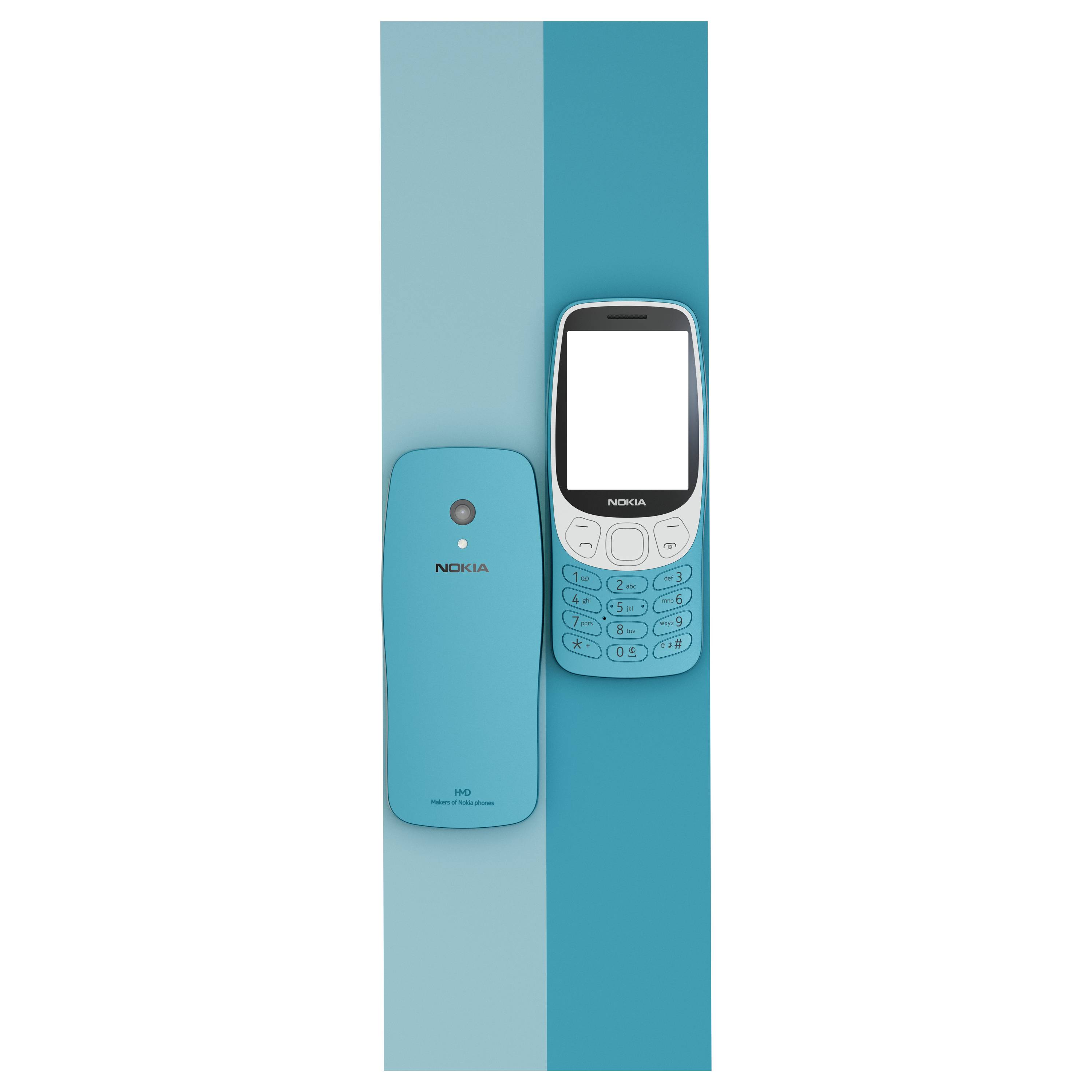 Mobilní telefon Nokia 3310 v tyrkysové barvě, pohled zepředu i zezadu na světle modrém pozadí.