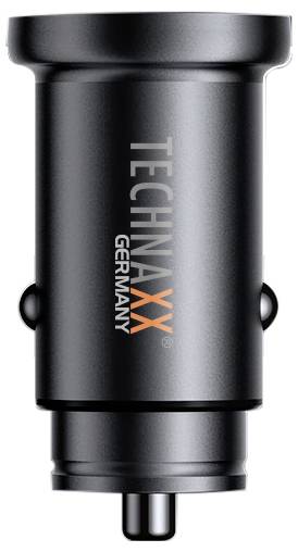 Černá USB autodobíječka s nápisem 'TECHNAXX GERMANY'. Navržena pro použití v zásuvce zapalovače v automobilu.