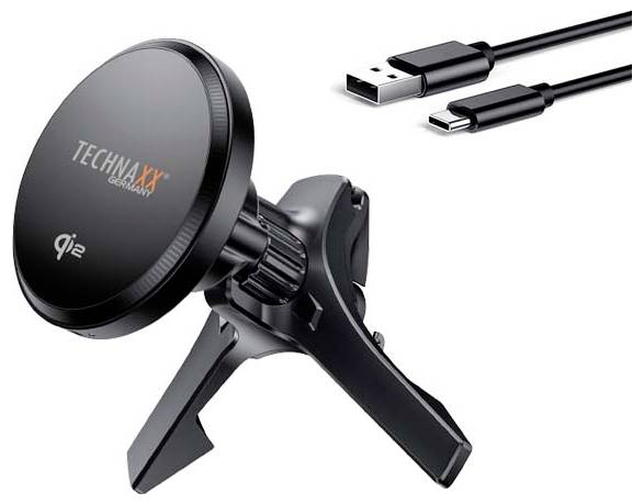 Držák do ventilace automobilu s funkcí bezdrátového nabíjení Qi, označený logem 'TECHNAXX'. Obsahuje nabíjecí kabel USB-C.