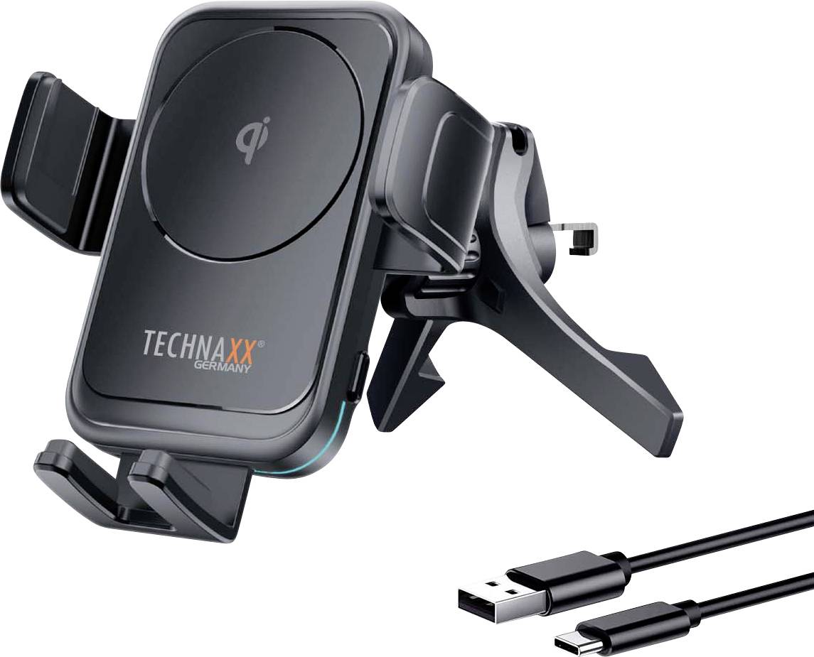 Černý držák do auta s funkcí bezdrátového nabíjení Qi a logem 'TECHNAXX', vhodný pro smartphony. Včetně USB-C kabelu.
