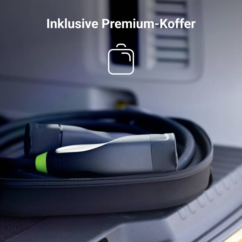 Nabíječka pro elektromobily leží pečlivě na povrchu. Nad ní je nápis 'Včetně prémiového kufříku' s ikonou kufru.