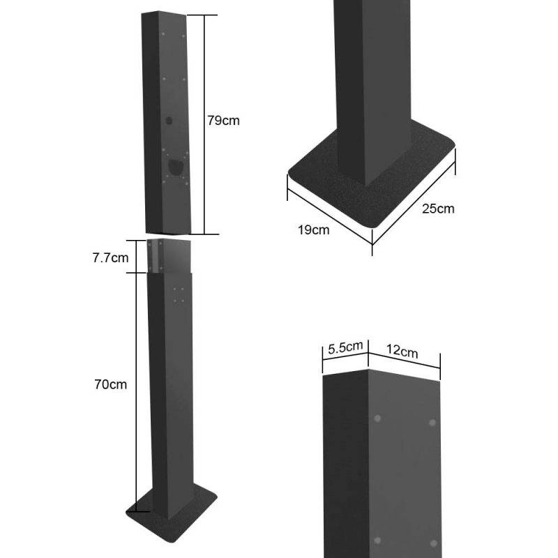 Kovový stojan se základnou 25x19 cm a výškou 79-70 cm, zobrazující designové detaily a rozměry.