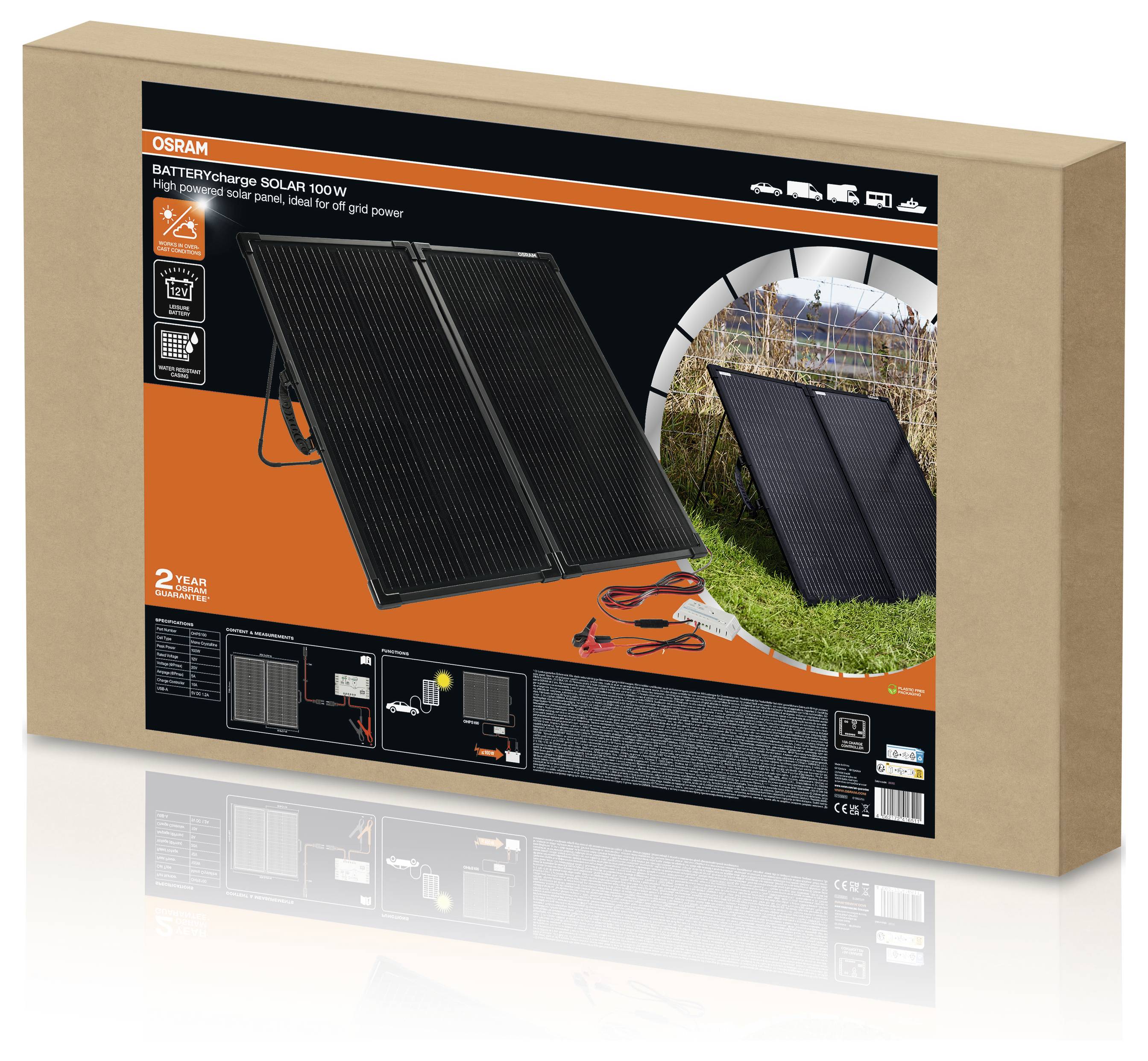 Balení s obrázkem černého solárního panelu a příslušenství. Text popisuje produkt jako solární sadu 'OSRAM BATTERYcharge SOLAR 100W' pro použití mimo síť.