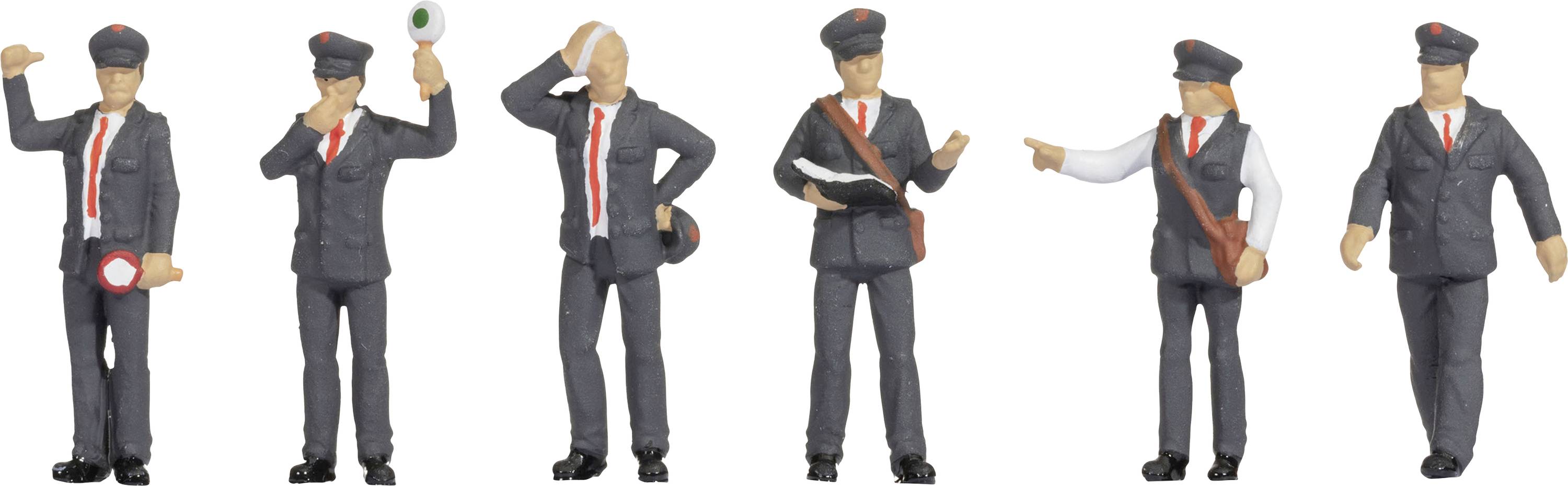 Šest miniaturních figurek v železničních uniformách s červenou kravatou. Každá figurka zaujímá jinou pózu, například zvedání ruky nebo ukazování.
