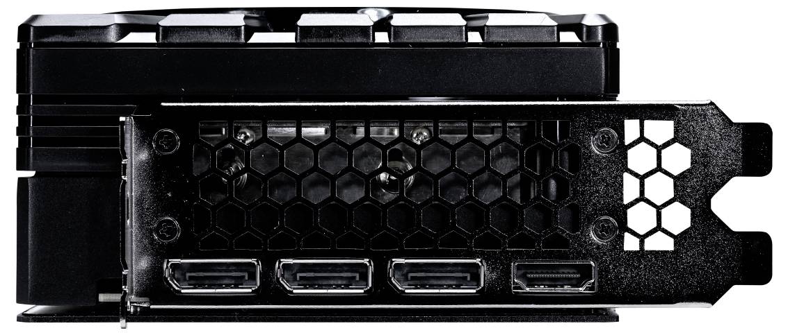 Černá grafická karta se čtyřmi HDMI porty a mřížkou ve tvaru včelích plástů pro lepší větrání na zadní straně.