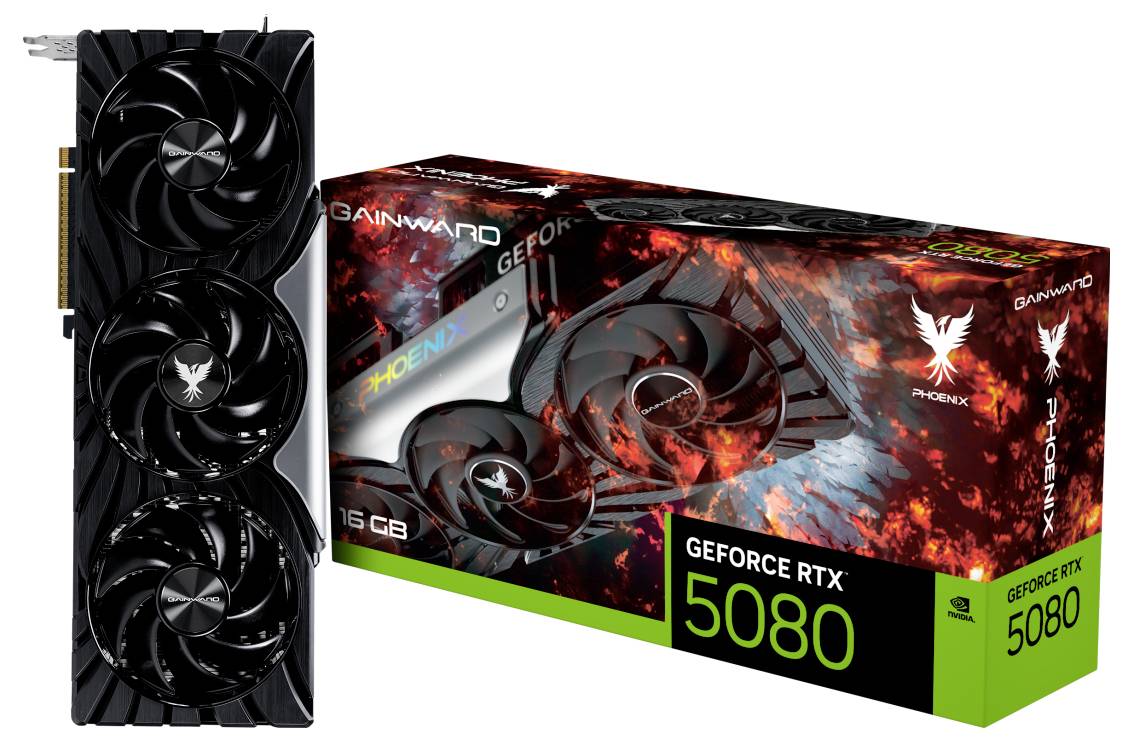 Grafická karta Gainward GeForce RTX 5080, pohled zepředu na kartu a balení s červeno-černým designem a logem Phoenix.