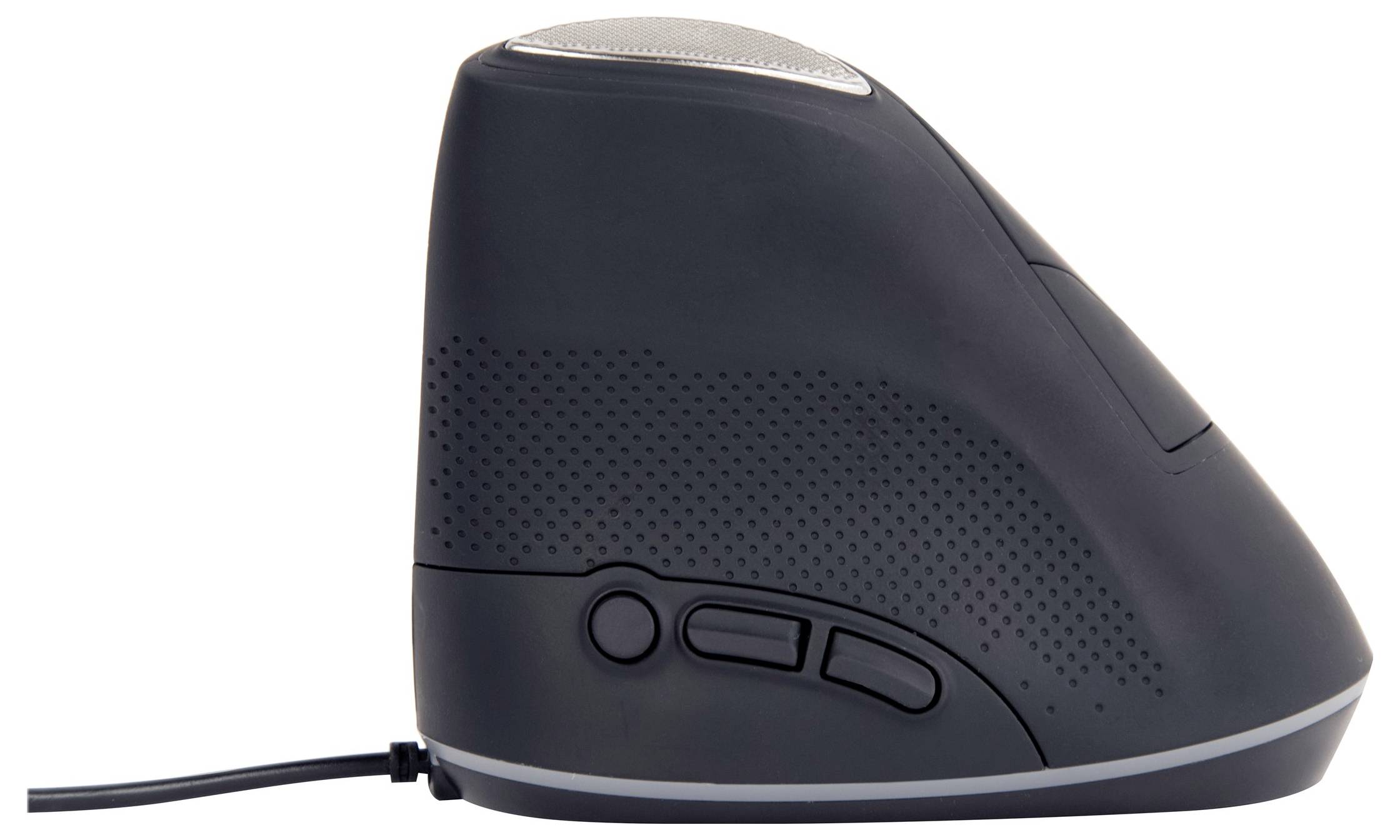 Ergonomická vertikální myš z bočního pohledu s USB kabelem. Jsou viditelné dva ovládací tlačítka a kolečko pro rolování.