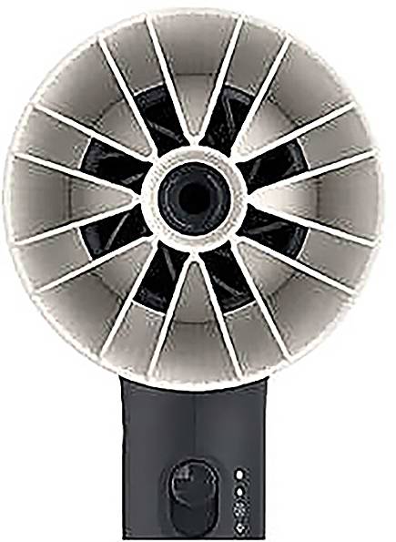 Moderní, černé ruční zařízení s kulatou, rotující hlavicí ventilátoru, které slouží k vytvoření proudu vzduchu.