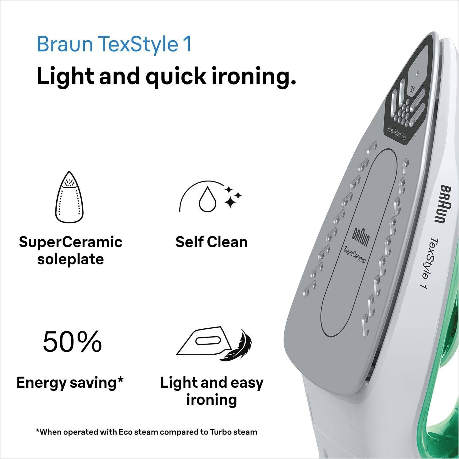 Žehlicí prkno s textem 'Braun TexStyle 1'. Výhody: SuperCeramická vrstva, samočisticí funkce, 50% úspora energie.