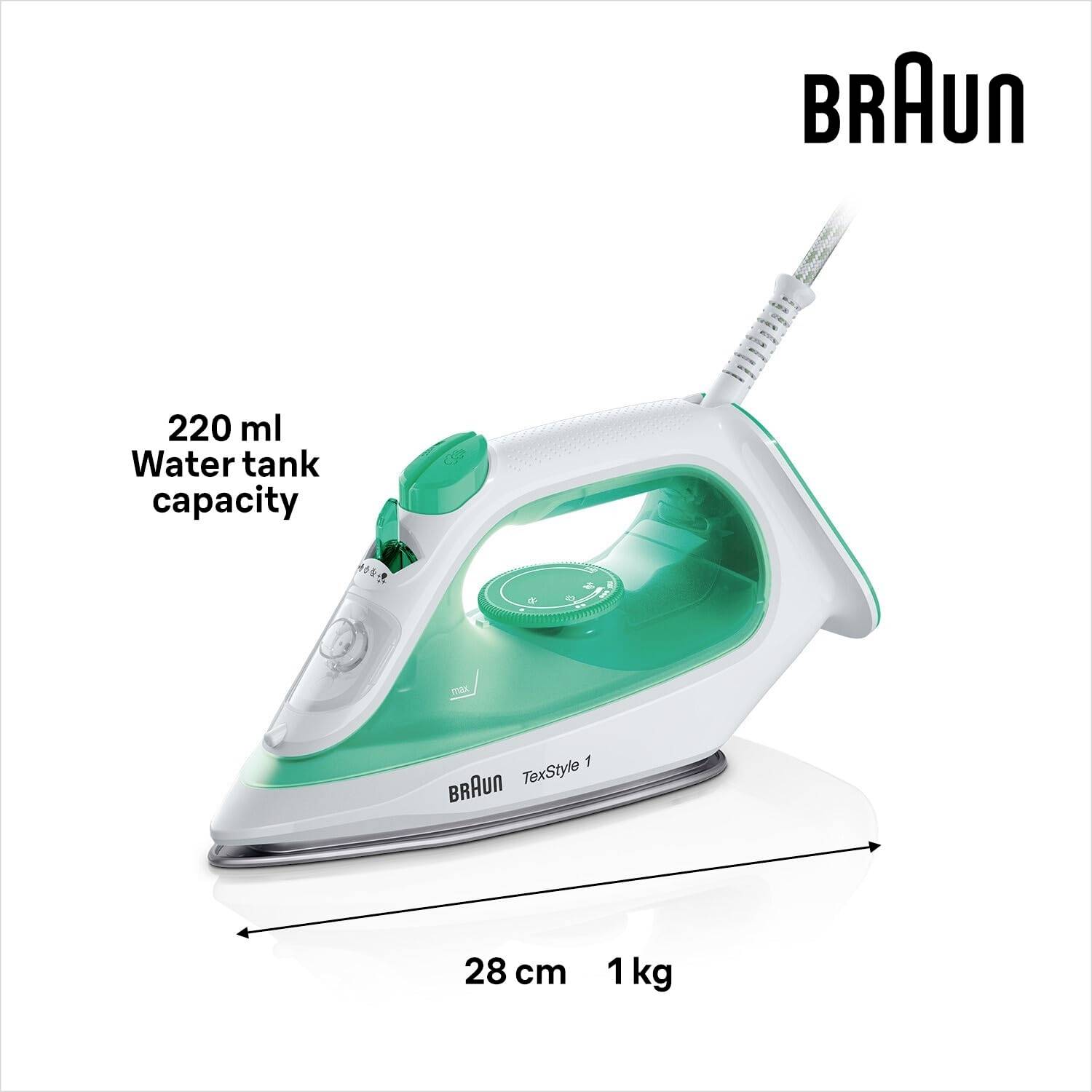 Žehlička Braun, model TexStyle 1, 220 ml zásobník na vodu, 28 cm délka, 1 kg hmotnost. Firemní logo vpravo nahoře.