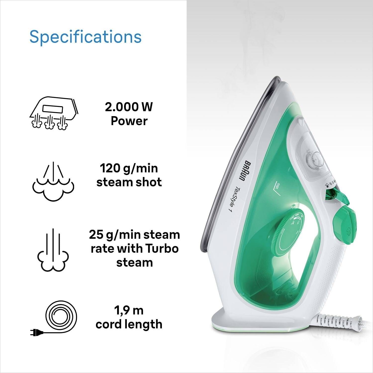 Bílá a zelená parní žehlička o výkonu 2000 W, s parním rázem 120 g/min, turbo parním výkonem 25 g/min a délkou kabelu 1,9 m.
