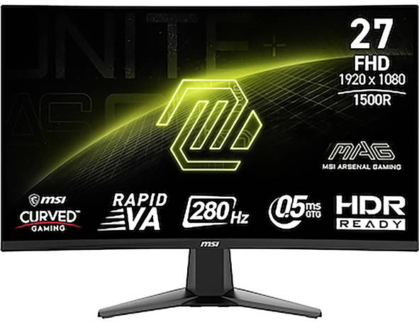 27palcový monitor od MSI s parametry: Full HD 1920 x 1080 rozlišení, 1500R zakřivení, 280 Hz, reakční doba 0,5 ms, HDR Ready.