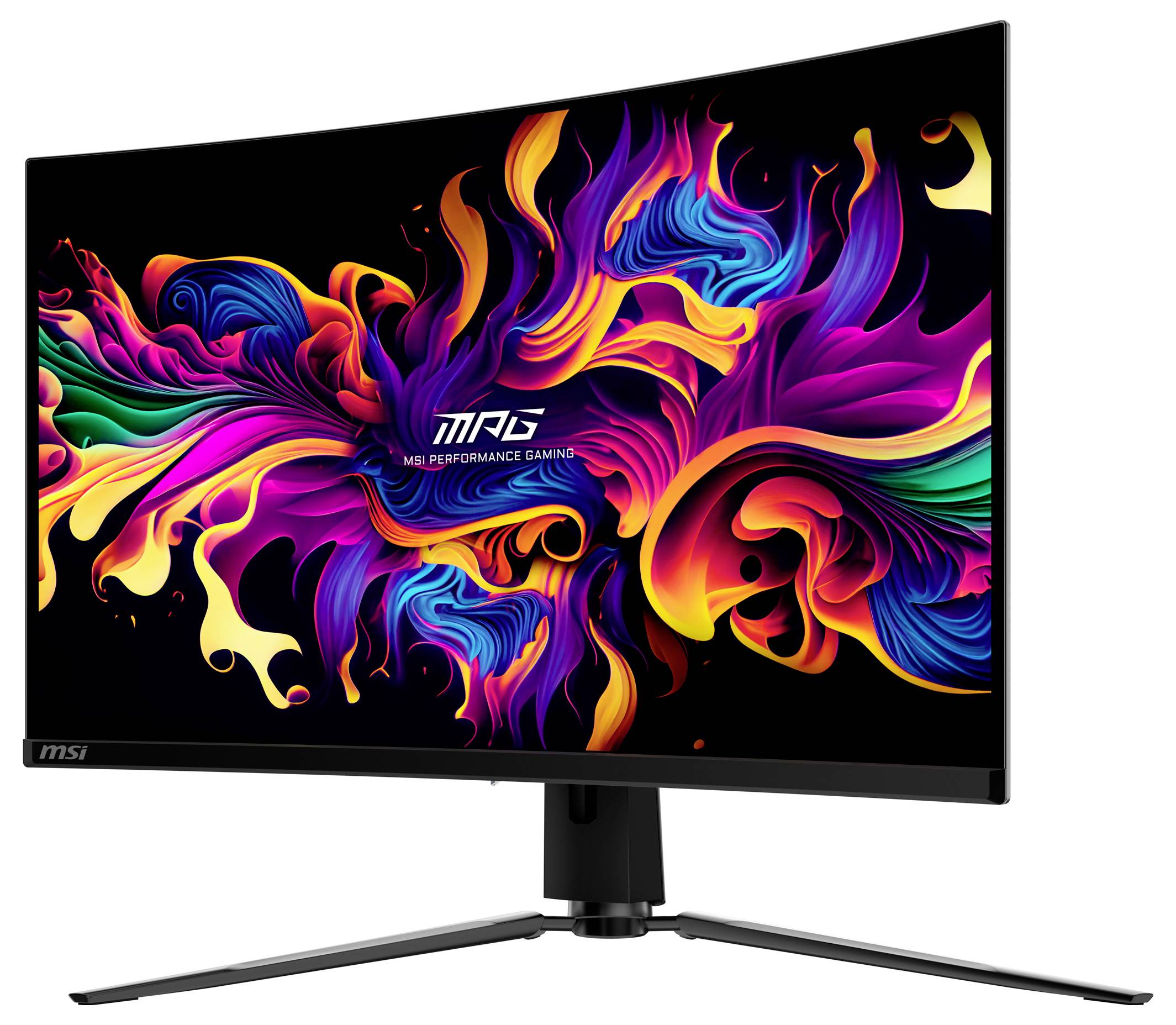Zakřivený herní monitor MSI zobrazuje barevný abstraktní design na obrazovce.