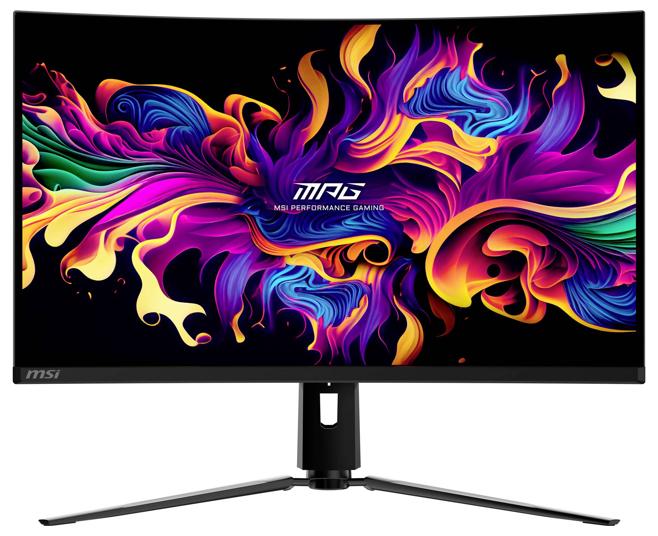 Zakřivený monitor zobrazuje živoucí, abstraktní vzor v zářivých barvách.