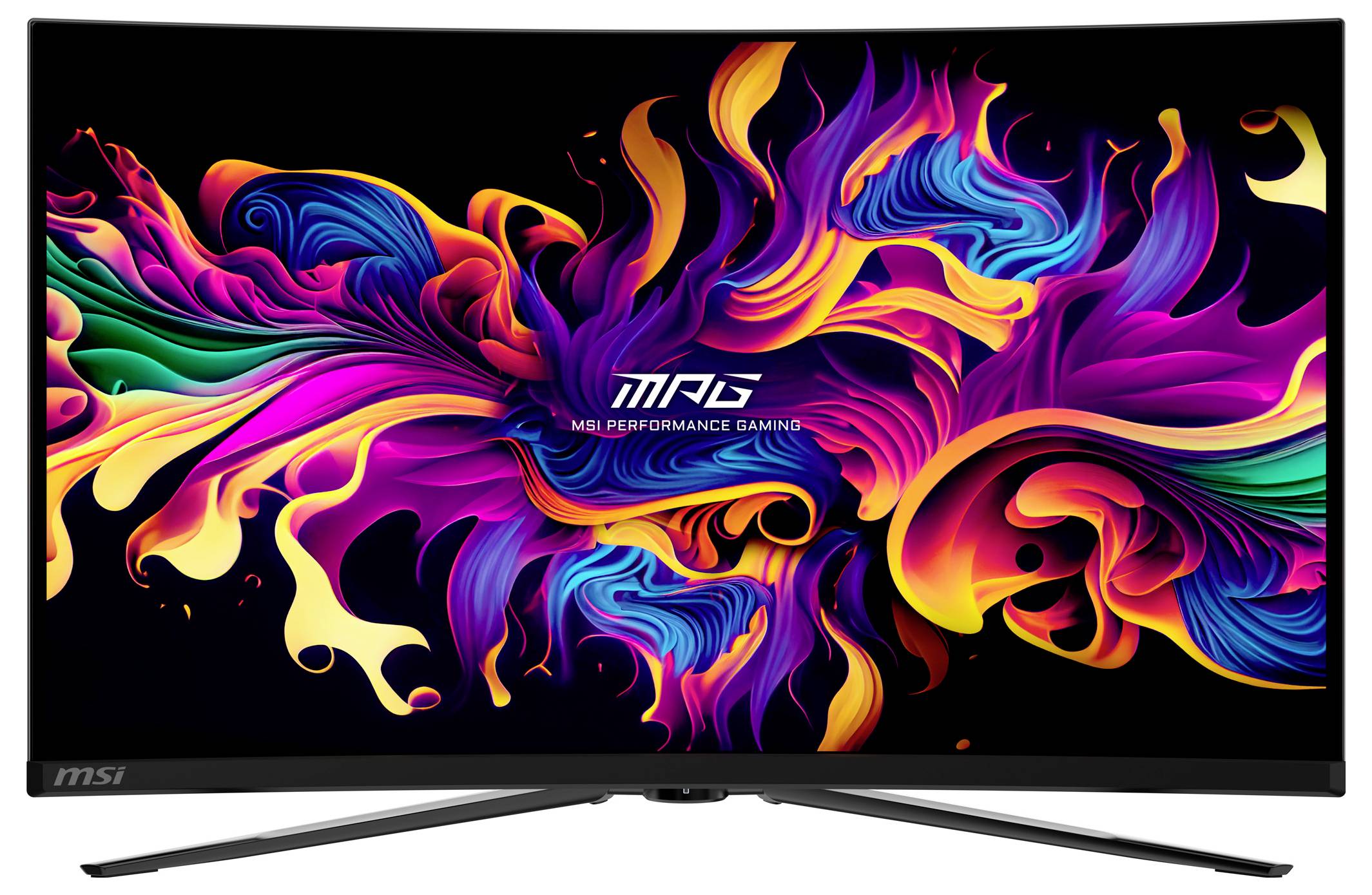 Monitor s živým abstraktním uměleckým dílem na obrazovce a textem 'MSI Performance Gaming' uprostřed.