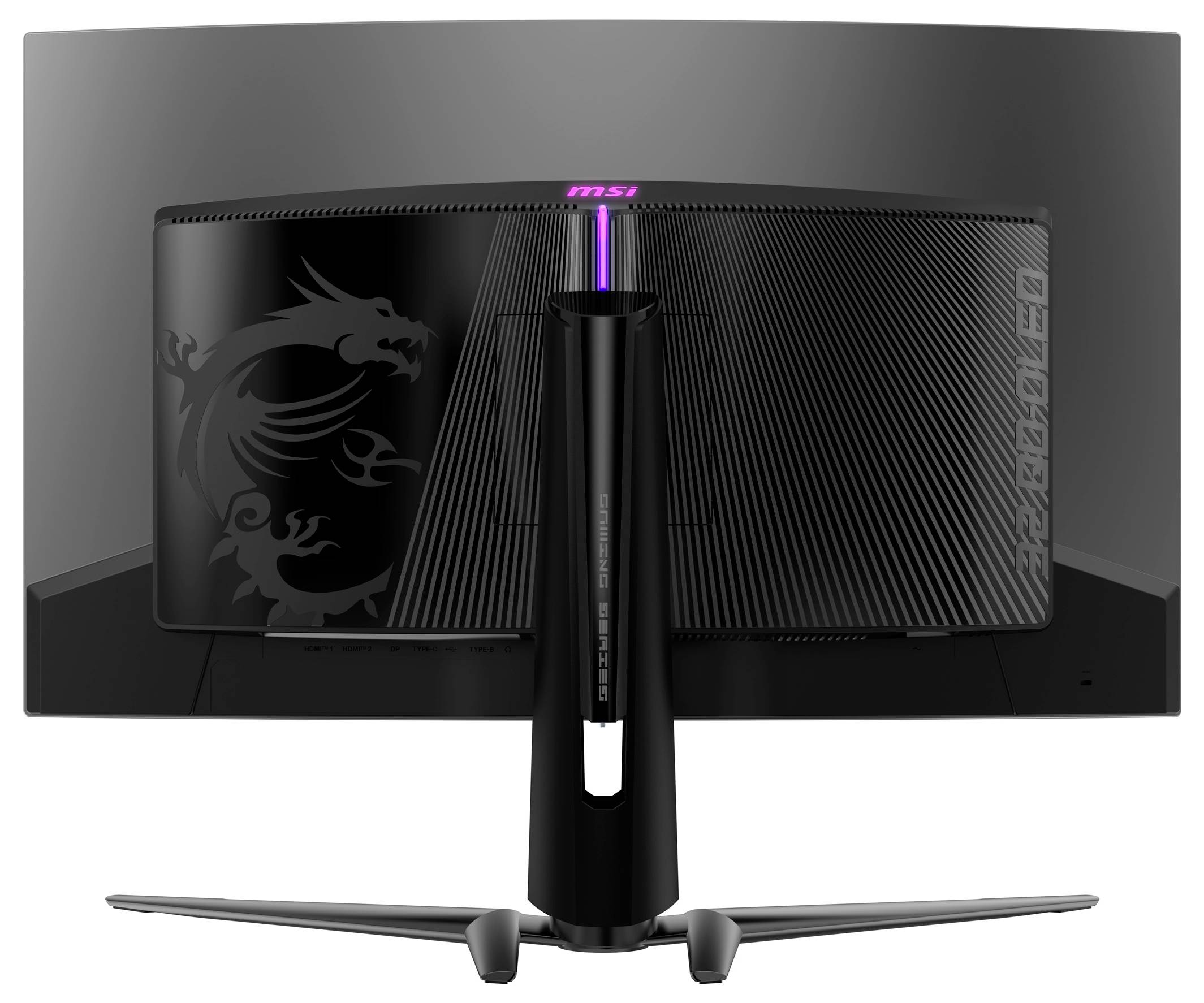 Pohled zezadu na černý počítačový monitor s zakřiveným designem a fialovým osvětlením, centrované logo značky nahoře.
