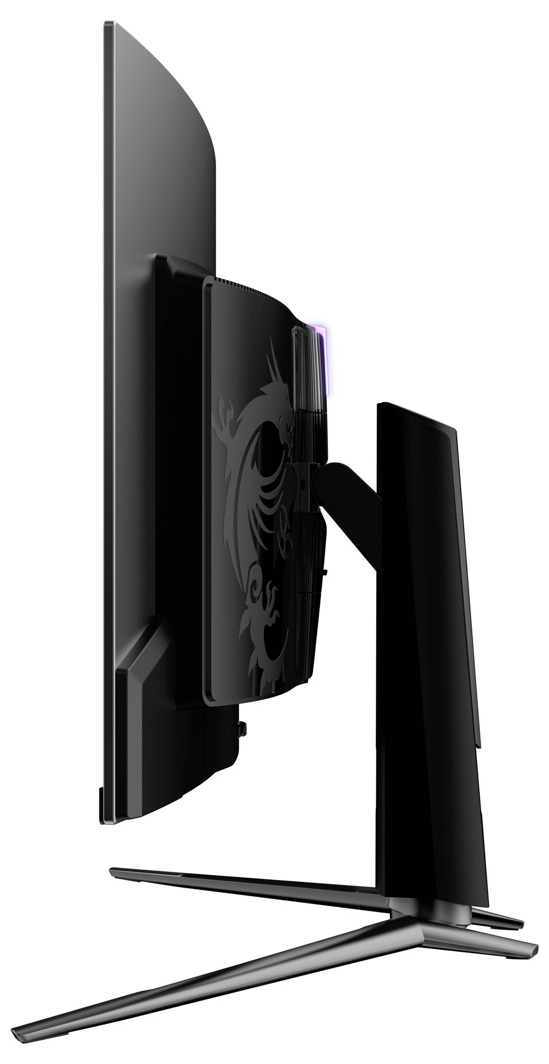 Pohled z boku na moderní černý počítačový monitor s elegantní stojanovou základnou a osvětleným prvkem na zadní straně.