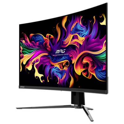 Zakřivený monitor MSI zobrazuje abstraktní, pestrobarevný design na obrazovce. Rovná stříbrná podstavka je ideální pro hraní her.