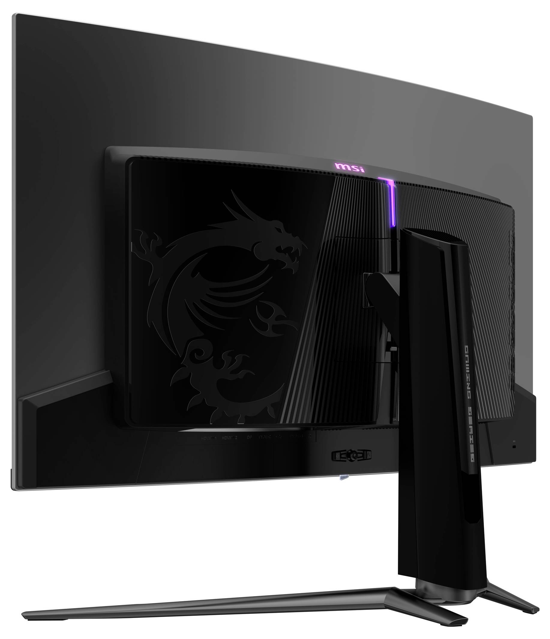 Herní monitor zezadu s zakřivenou obrazovkou, logem draka a RGB podsvícenými pásky. Štíhlý, stabilní stojan.